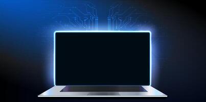 Modern laptop with illuminating edges against dark background showcasing advanced technology concepts vector