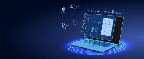 Modern laptop displaying data analytics in a futuristic workspace during the evening. vector