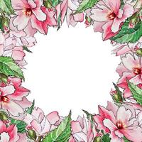 Square watercolor frame with pink rose sakura flowers and leaves. vector