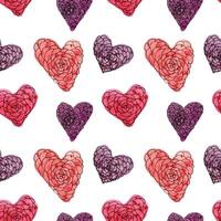 Seamless pattern with. red and violet hand-drawn watercolor hearts on a white background. Valentine's day texture for design of wrapping paper, postcards, fabric and other souvenir products vector