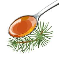 Illustration of a spoonful of pine needle syrup, with pine needles, isolated on white background. vector