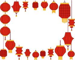 happy new year Chinese paper art style with hanging red lanterns. oval frame. graphic template for your text vector