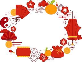 Chinese graphic illustration with cute red lanterns, plum blossoms, mandarin, gold coin and red envelope. oval frame on transparent background vector