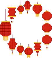 Paper red lanterns round circle frame template. graphic illustration for icon, vip card, certificate, gift voucher. Chinese new year vector
