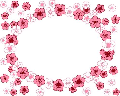Hand drawn graphic style oval frame illustration of cherry blossoms sakura pink flowers. oval frame template for your text