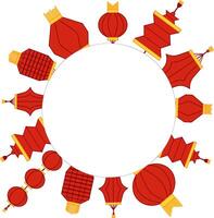 Chinese new year round circle frame template with red lanterns tradition ornament. poster banner template. graphic illustration vector