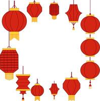 Chinese paper cutting red lanterns on transparent background. Round circle frame template. graphic illustration vector