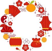 Chinese New Year's round circle frame template. graphic illustration with traditional elements lantern orange, red envelope, coin, drum, flower on transparent background vector