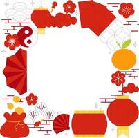 Chinese New Year's round circle frame template in square. graphic illustration with traditional elements on transparent background vector