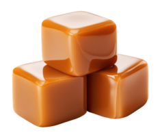 Three caramel cubes isolated on transparent background png