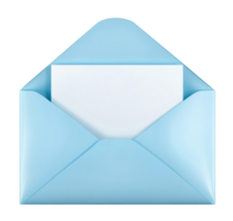Illustration of an open blue envelope with blank white paper isolated on transparent background png