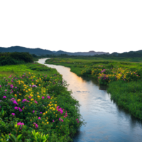 Set of vibrant colors of blooming flowers and lush under dramatic clouds and soft diffused light png
