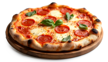 A pizza on a wooden plate with basil leaves png