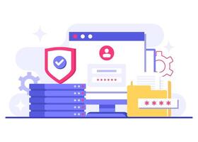 Cybersecurity solutions for cloud computing, Database protection, Data Center, File management, cloud storage, Privacy data protection flat illustration vector
