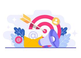 Connecting with the target audience through email marketing strategies flat illustration, Online business strategy, Advertising, Email newsletter, messaging vector
