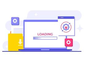 Page loading on laptop screen, System maintenance flat illustration, Error, Fixing trouble, Device updating, Software system under maintenance, Software upgrade process on devices, vector