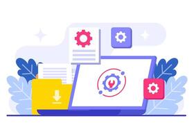 System maintenance, Error, Fixing trouble, Device updating, Software system under maintenance, Software upgrade process on laptop screen flat illustration vector