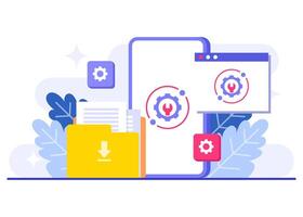 Smartphone system or app update flat illustration, System maintenance, Error, Fixing trouble, Device updating, Software system under maintenance, Software upgrade process on devices vector