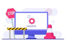 Maintenance work is being performed on the system, Computer with software update screen flat illustration, update process, install software, operating system vector