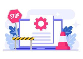 Laptop with system upgrade process flat illustration template, Software update, System maintenance, update process, install software, operating system vector