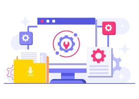 Computer software update flat illustration, System maintenance, Error, Fixing trouble, Device updating, Software system under maintenance, People update operation system vector