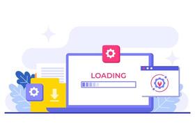 System loading on laptop flat illustration, System maintenance, Error, Fixing trouble, Device updating, Software system under maintenance, Software upgrade process on devices vector