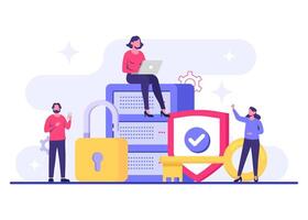 Cybersecurity-focused software engineers creating defense mechanisms, Database protection, Data Center, File management, cloud storage, Privacy data protection flat illustration vector