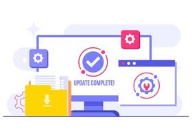 Software update process is completed, System maintenance flat illustration, Error, Fixing trouble, Device updating, Software system under maintenance vector