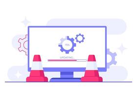 Software update progress bar on computer screen flat illustration, System maintenance, update process, install software, operating system vector