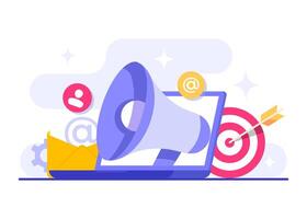 Giant megaphone on laptop, Approaching target audience using email marketing flat illustration, Online business strategy, Advertising, Email newsletter, messaging vector