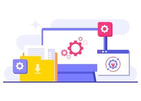 System maintenance is in progress flat illustration, Error, Fixing trouble, Device updating, Software system under maintenance, Software upgrade process on devices, People update operation system vector