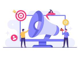 Megaphone on computer screen, Join our team, Group of people with giant megaphone, We are hiring concept flat illustration vector
