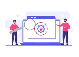 Users perform device updates for improved functionality, System maintenance flat illustration, Error, Fixing trouble, Software system under maintenance, Software upgrade process on devices vector