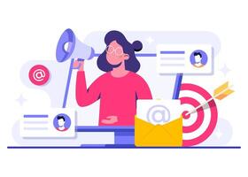 Strategic promotion using email messaging flat illustration, Email marketing, Online business strategy, Advertising, Email newsletter, messaging vector