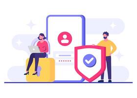 Login page on smartphone screen flat illustration, People access data securely, Data protection, Cyber security, Internet security, information privacy, Account protection vector