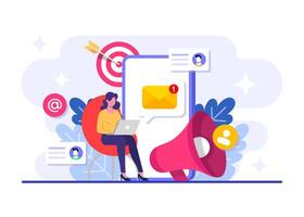 Approaching the target market with email-based promotions flat illustration, Online business strategy, Advertising, Email newsletter, messaging vector