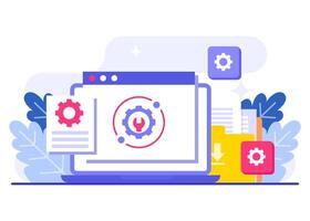 System update process on laptop screen flat illustration, Error, Fixing trouble, Device updating, Software system under maintenance, Software upgrade process on devices, People update operation system vector