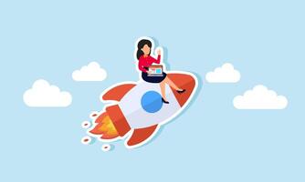 A businesswoman holding a laptop sits on a rocket flying into the sky, illustration of designing and analyzing a startup business to compete with competitors vector