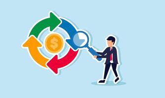 A businessman observes a cycle labeled with a dollar coin using a magnifying glass, illustration of analyzing the financial flow of a company vector