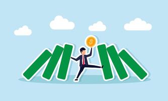 A businessman holds up falling blocks while saving a dollar coin, illustration of rescuing a company's business finances vector