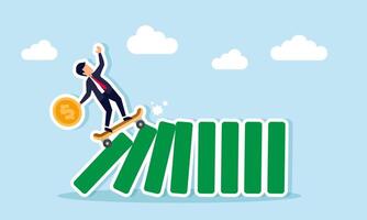 A businessman carrying a dollar coin rides a skateboard crashing into a row of blocks, illustration of how a company's financial stability helps tackle business problems vector