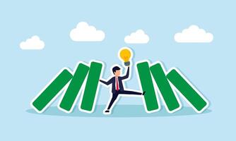 A businessman holds up falling blocks while saving a lamp, illustration of rescuing business ideas and innovations from business challenges vector