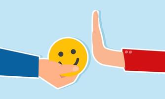 A hand offers a smiling or happy emoticon and is rejected by another hand, illustration of refusing to be easily satisfied with high market attention and engagement vector