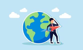 A businessman holding a compass needle stands beside a globe, illustration of confusion in determining global business trends and strategies in development vector