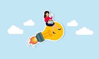 A businesswoman holding a laptop sits on a rocket-shaped lamp flying into the sky, illustration of designing and analyzing the right business ideas and innovations vector