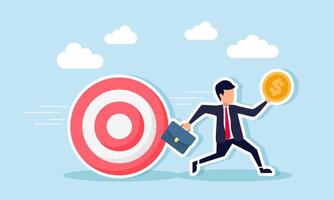 A businessman carrying a dollar coin runs while chased by a rolling target board, illustration of being pursued by targets to increase business revenue and income vector