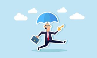 A businessman wearing a hat with an umbrella runs while holding a key, illustration of maintaining confidentiality and the key to a company's business vector