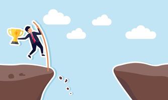 A businessman carrying a trophy tries to cross a gap using wood, illustration of challenges faced as the best business in its field and class vector