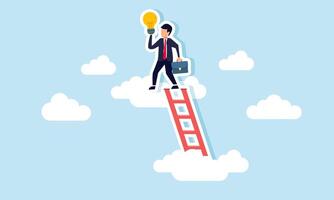 A businessman holding a lightbulb reaches a higher cloud by climbing a ladder, illustration of efforts in gaining business ideas and innovation vector