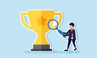 A businessman observes a trophy using a magnifying glass, illustration of analyzing strategies to become the best business vector